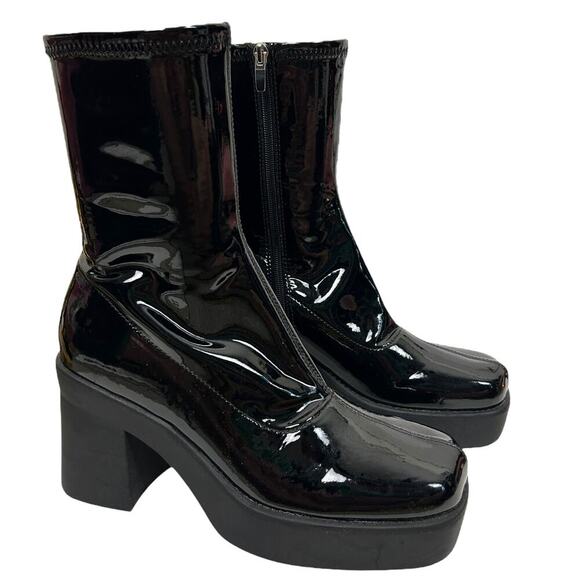 Nine West Black Faux Patent Leather Platform Zip Boots 10 - Picture 2 of 6